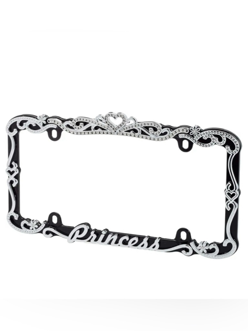 Black & Chrome Princess License Plate Frame & Diamond Bling Crystal EUC